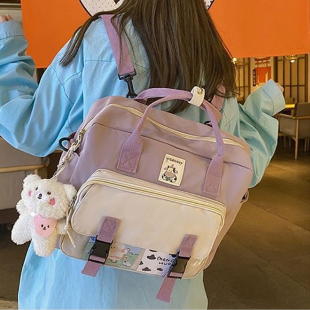 *NWT* Kawaii Two-Tone Purple Buckled Crossbody/Backpack with Plush Charm